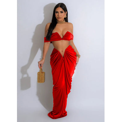 Summer Strapless Top And Slim-Fit Maxi Dress Suit Solid Color Ladies Two-Piece Outfits