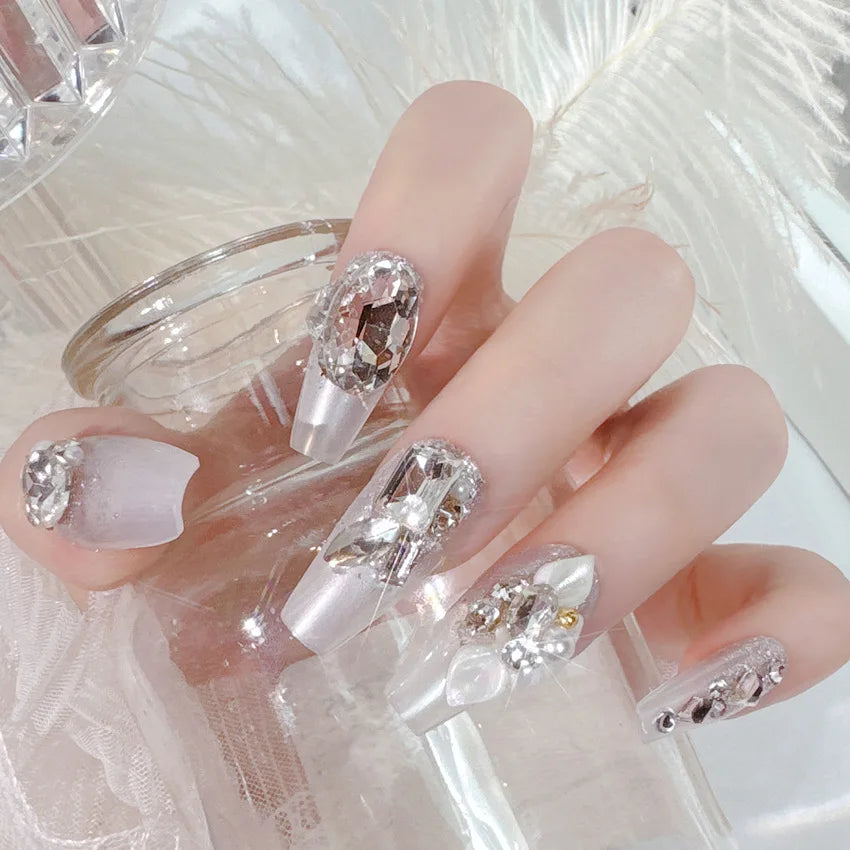 24pcs Luxury Mid-Long Ballet False Nails Set Glittering Rhinestone+Handmade Flowers Press-on Fake Nail Glossy Patch For Bridal