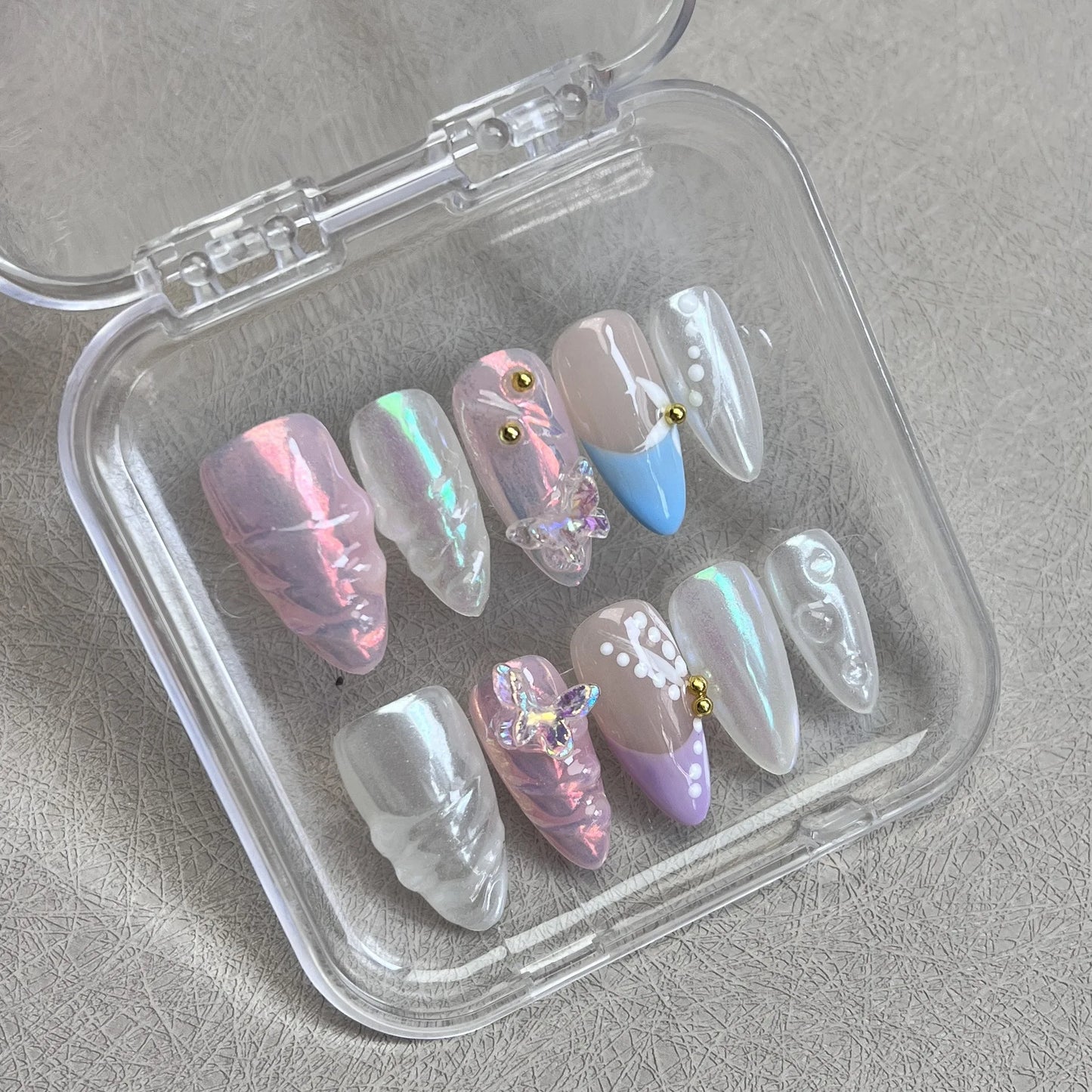10pcs Handmade Press on Nails 3D Colorful Aurora Butterfly Design