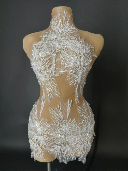 Sparkly Rhinestones Pearls Snow Short Dress