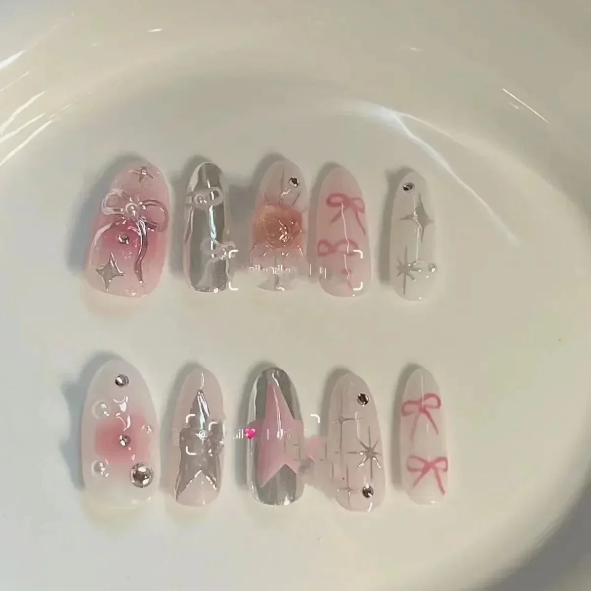 10Pcs Pink Handmade Press on Nails Full Cover Bow Tie Rhinestone Design