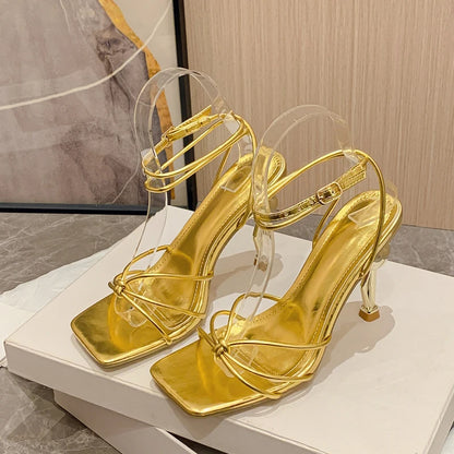 Aneikeh 2025 New Flamingo Heel Style Sandals Women Patent Leather Narrow Band Square Head Open Toe