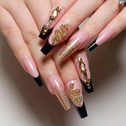 24pcs Pink Fake Nails Beveled Long  French Snake Pattern Wearing Art False Nails Finished Fashion Press on Nail Nail Charms Kit