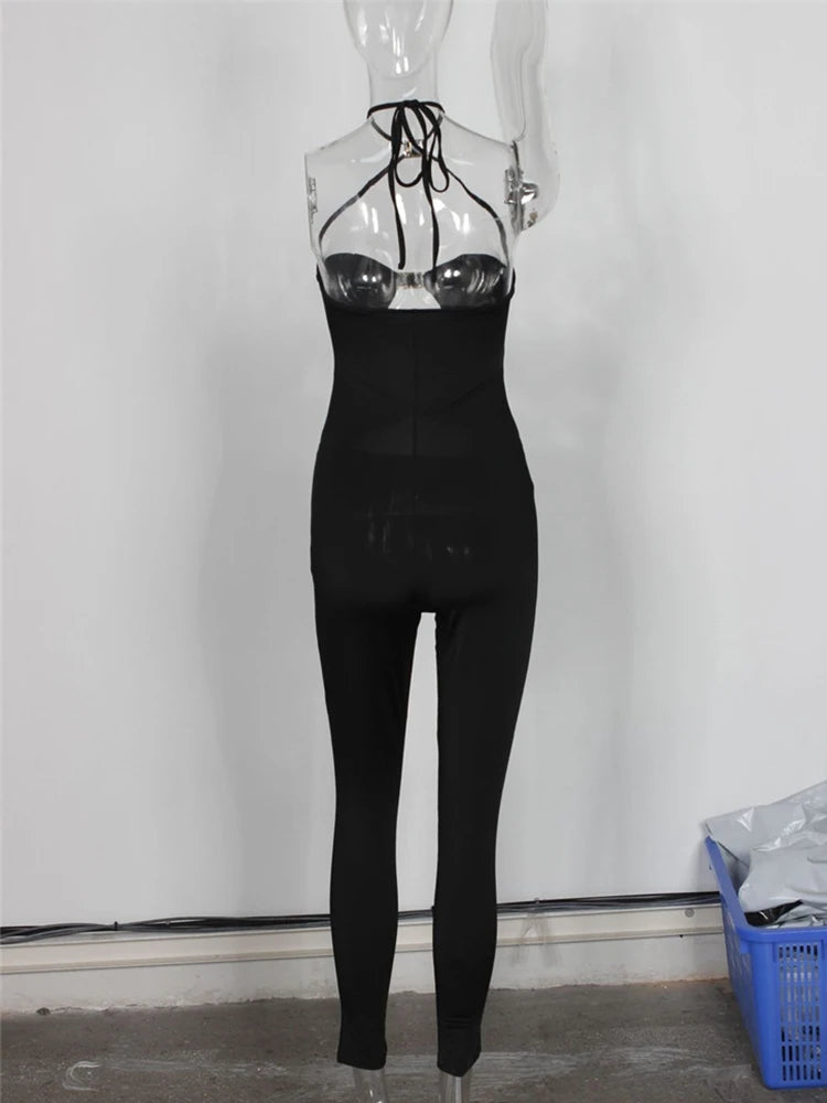 Weird Puss Metal Rings Patchwork Women Lace-Up Halter Sexy Hollow Sleeveless