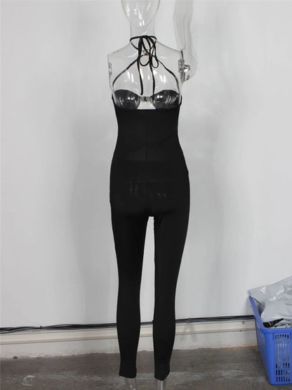 Weird Puss Metal Rings Patchwork Women Lace-Up Halter Sexy Hollow Sleeveless