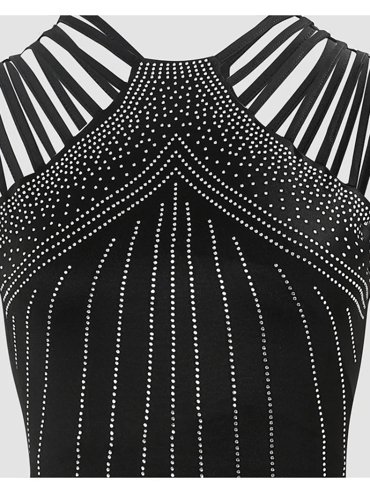 Slim Hot Rhinestone French Sleeveless High Slit Sexy Dress