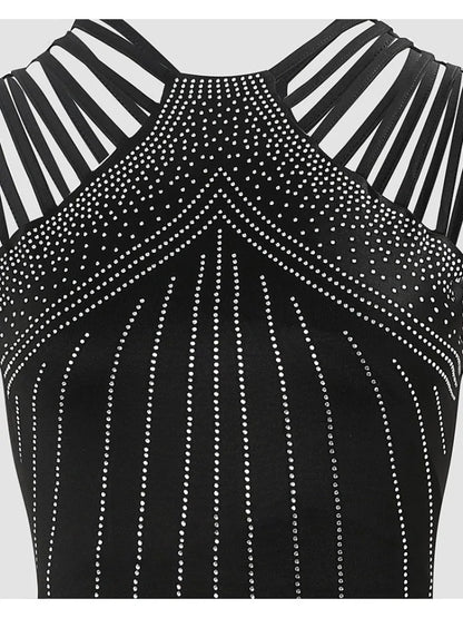 Slim Hot Rhinestone French Sleeveless High Slit Sexy Dress