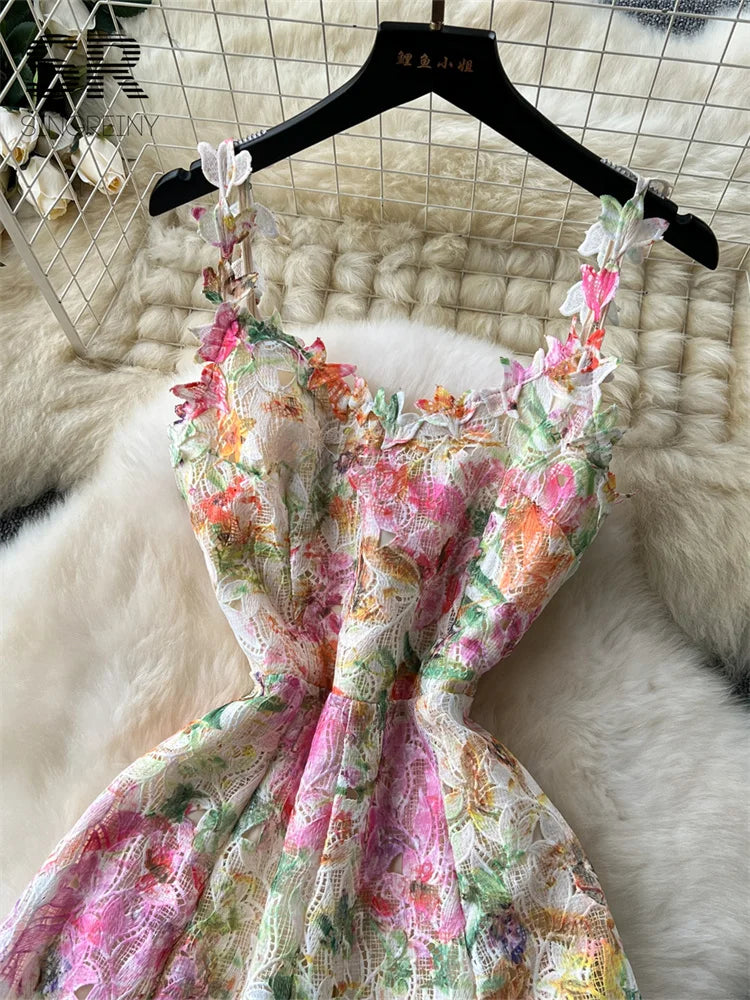 SINGREINY Floral Print Strap Dress Women French Style Hollow Out Zipper Design Ladies Summer Mesh Elegant Vacation Maxi Dress