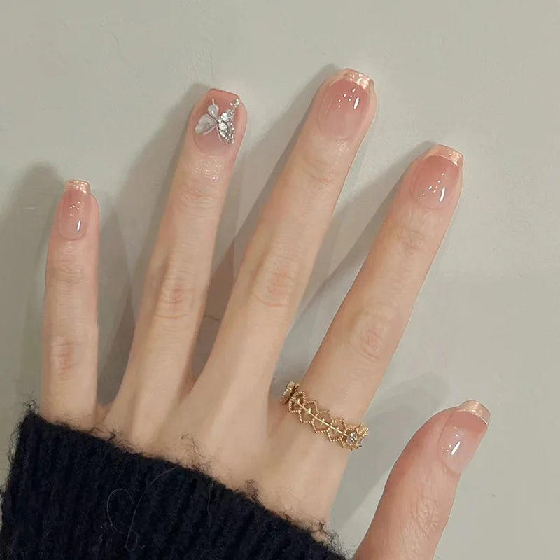 24Pcs Wearable French Fake Nails with Glue Simple Square False Nail Pink Short Detachable Press on Nail Tips Nude Manicure