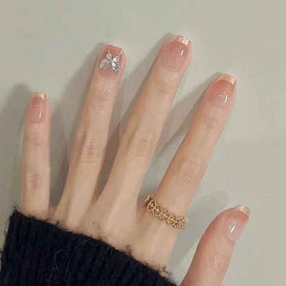 24Pcs Wearable French Fake Nails with Glue Simple Square False Nail Pink Short Detachable Press on Nail Tips Nude Manicure
