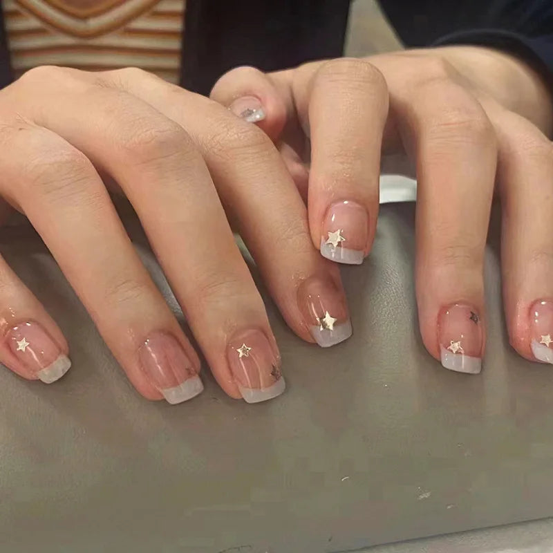 24Pcs Short Square Head False Nails Colorful Stars Design Press on Nails with Rhinestone French Wearable Full Cover Nail Tips