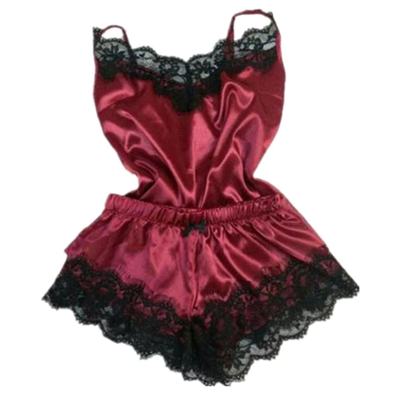 Fashion Nightwear Lace Trim Satin Cami Top Pajama Sets Sexy Hot Erotic Home Wear Women Pajamas Women Sleepwear Sleeveless Strap