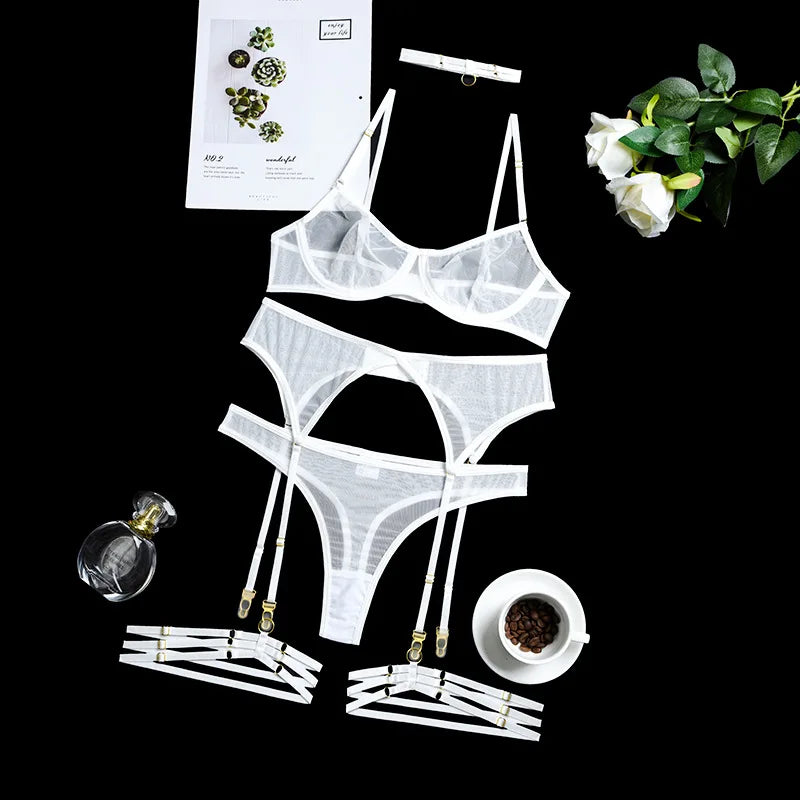 4-Piece Lace Bra Set Women Mesh Panty Underwear Set 8 Colors Transparent Sexy Lingerie Set