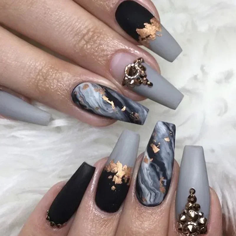 24Pcs Simple Blue French Fake Nails with Diamond Love Pattern Design False Nails Press on Mid-length Ballet Full Cover Nail Tips