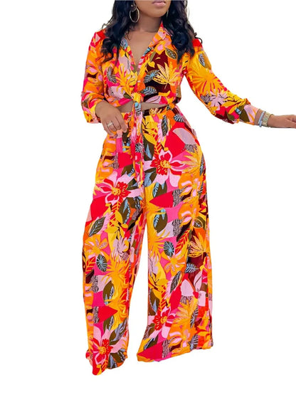 New Long Sleeved Printed Suit For Women Fashion Lapel Single Breasted Shirt Wide Leg Trousers Two Piece Set