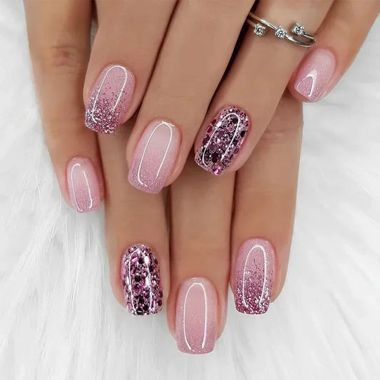 24Pcs Medium Short Square False Nails Glittering Nail Art White Wearable Fake Nail Silver French Full Cover Press on Nail Tips