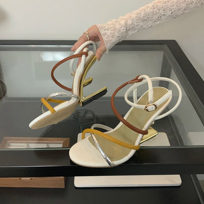 Aneikeh Summer Fashion Fretwork Heels Cross Striped Color Blocked High-heeled Sandals