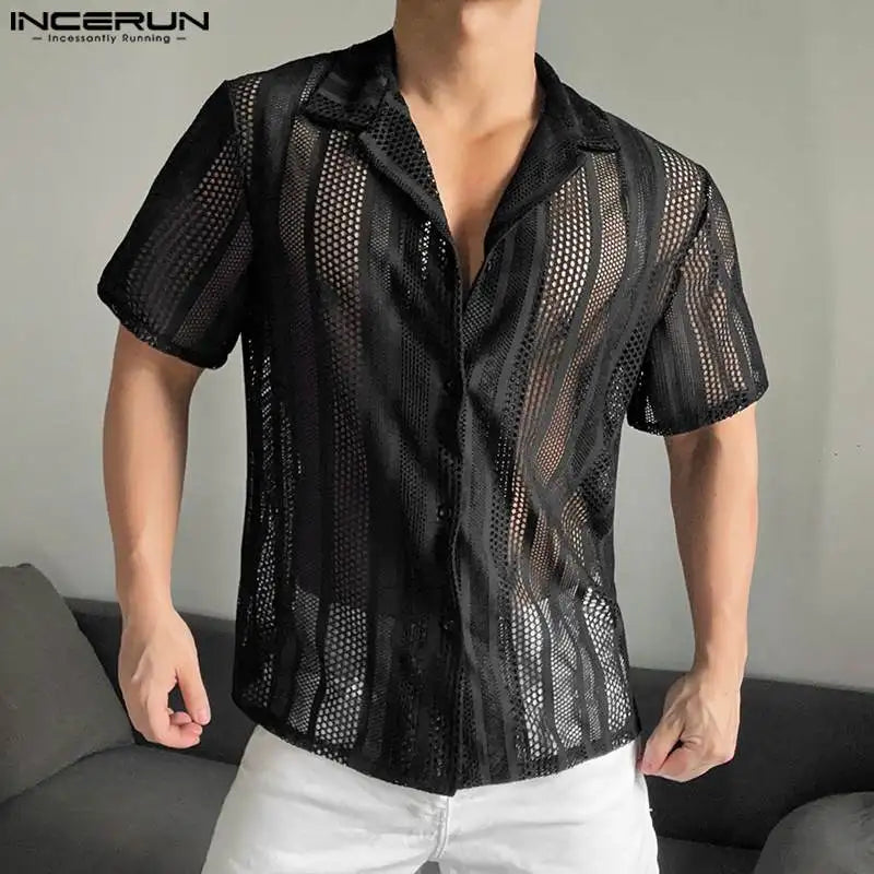 INCERUN Men's Shirt Mesh Transparent Lapel Short Sleeve