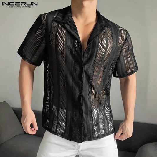 INCERUN Men's Shirt Mesh Transparent Lapel Short Sleeve