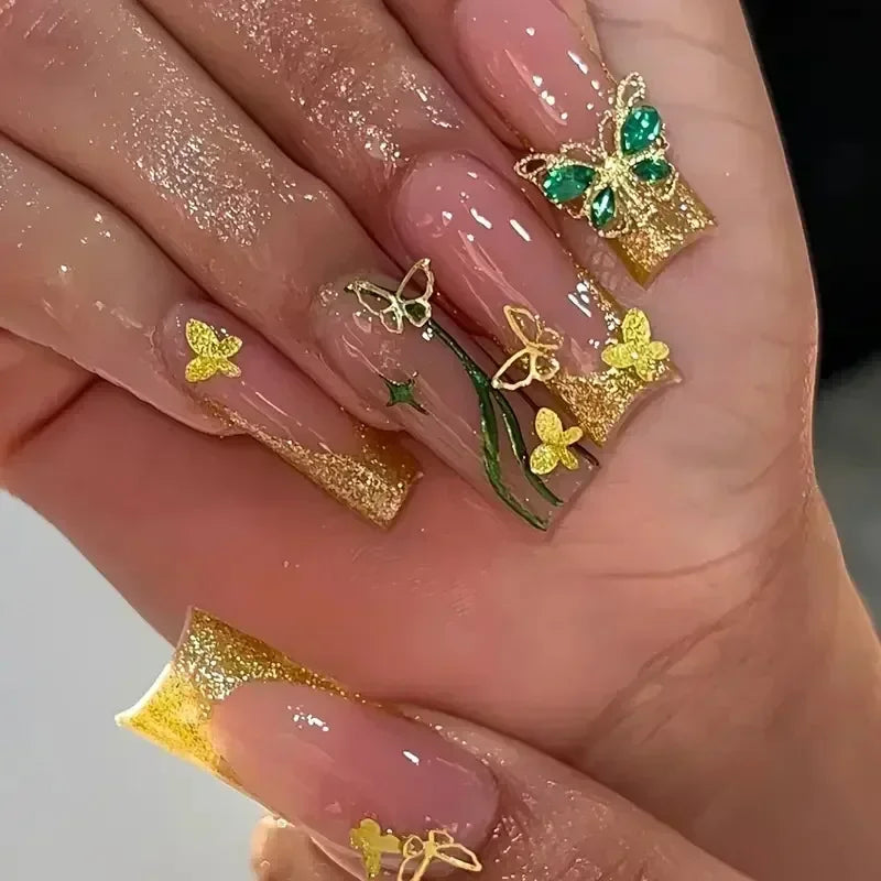 24Pcs Full Cover False Nails with Glue Long Square Coffin Fake Nails French Detachable Ballet Love Pattern Design Press on Nails
