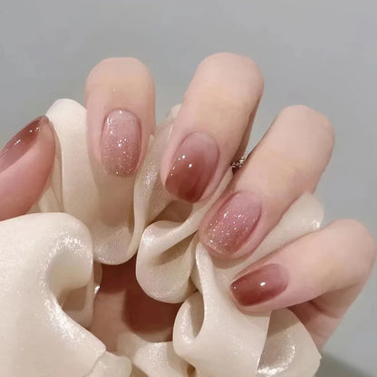 24Pcs Wearable French Fake Nails with Glue Simple Square False Nail Pink Short Detachable Press on Nail Tips Nude Manicure