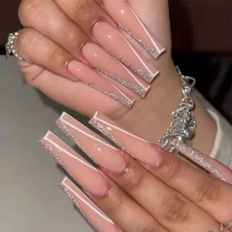 24Ps Super Long Ballet Wearable Fake Nails Blue Diamond Small Flower Press on Nail Stickers Finished Removable False Nail Pieces