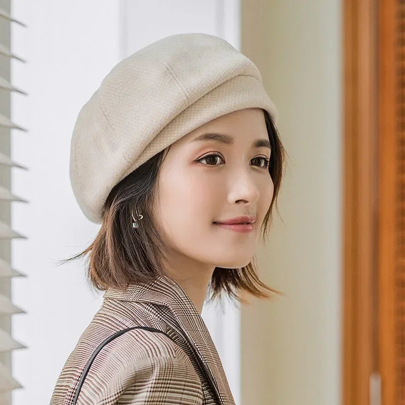 Simple Women Wool Beret for Elegant Lady Winter Female Cotton Hats Plaid Vintage Octagonal Casual Autumn Cap