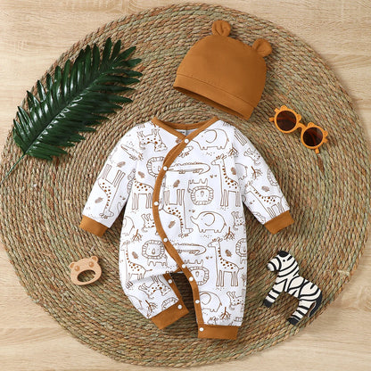 2pcs Baby boy Bodysuit Cartoon Zoo Pattern Long sleeved Bodysuit+Hat Suitable for Newborns Aged 0-9 Months