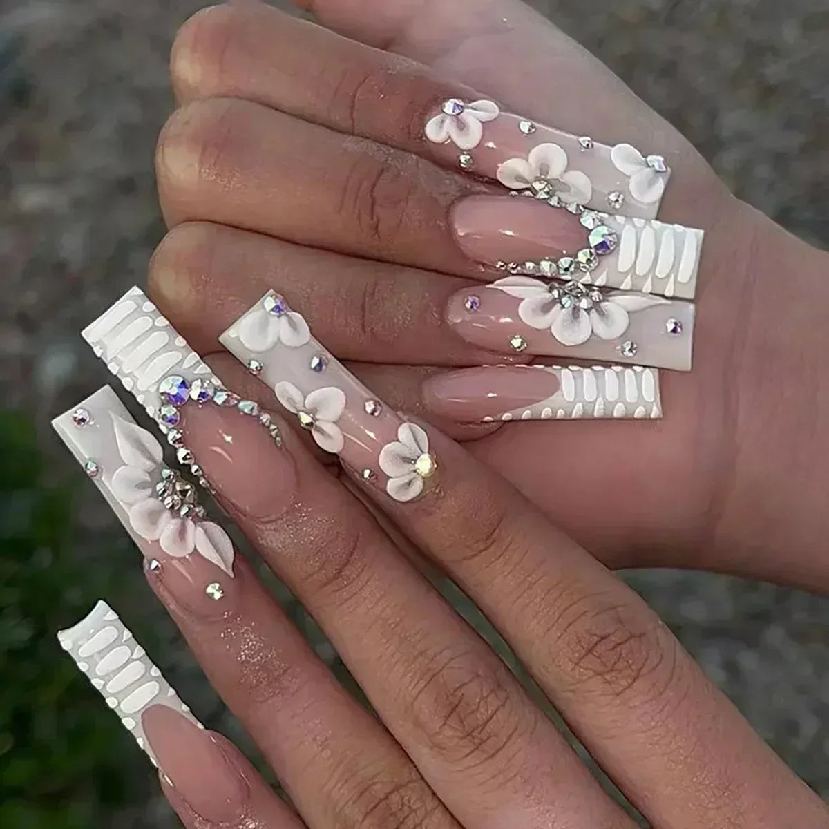 24Pcs False Nails Long Coffin Ballet French with Rhinestones Wearable Fake Nails Blue Flower Full Cover Press on Nails Tips Art