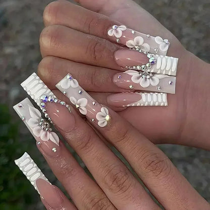 24Pcs False Nails Long Coffin Ballet French with Rhinestones Wearable Fake Nails Blue Flower Full Cover Press on Nails Tips Art