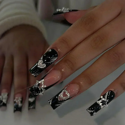 24Pcs Artifical False Nails with Glue Fake Nail Tips with Heart Designs Detachable Press on Nails XLong Finished False Nails tip