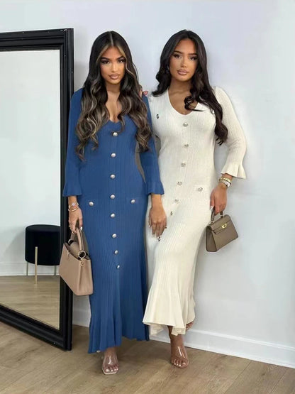 Elegant Knitted Long Dress Women Flare Sleelve V Neck Ruffles