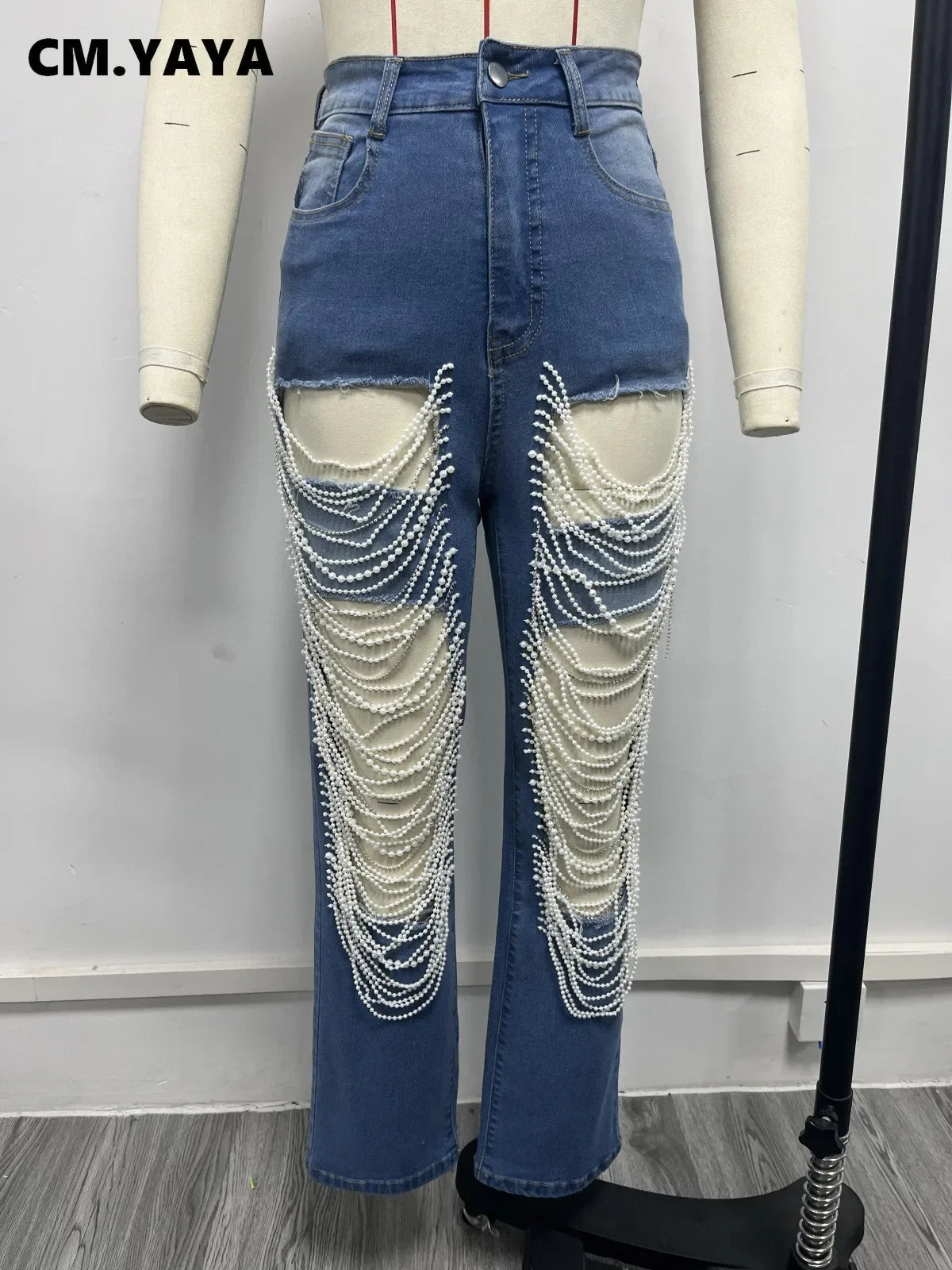Pearl Beading Ripped Hollow Out Tassel Wide Leg Jeans 2025