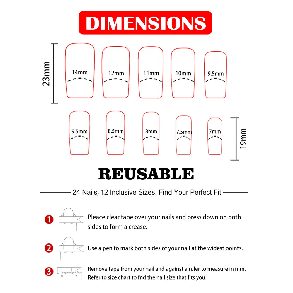 24Pcs Long Square Black French sparkling diamond star pendant Press on Nail