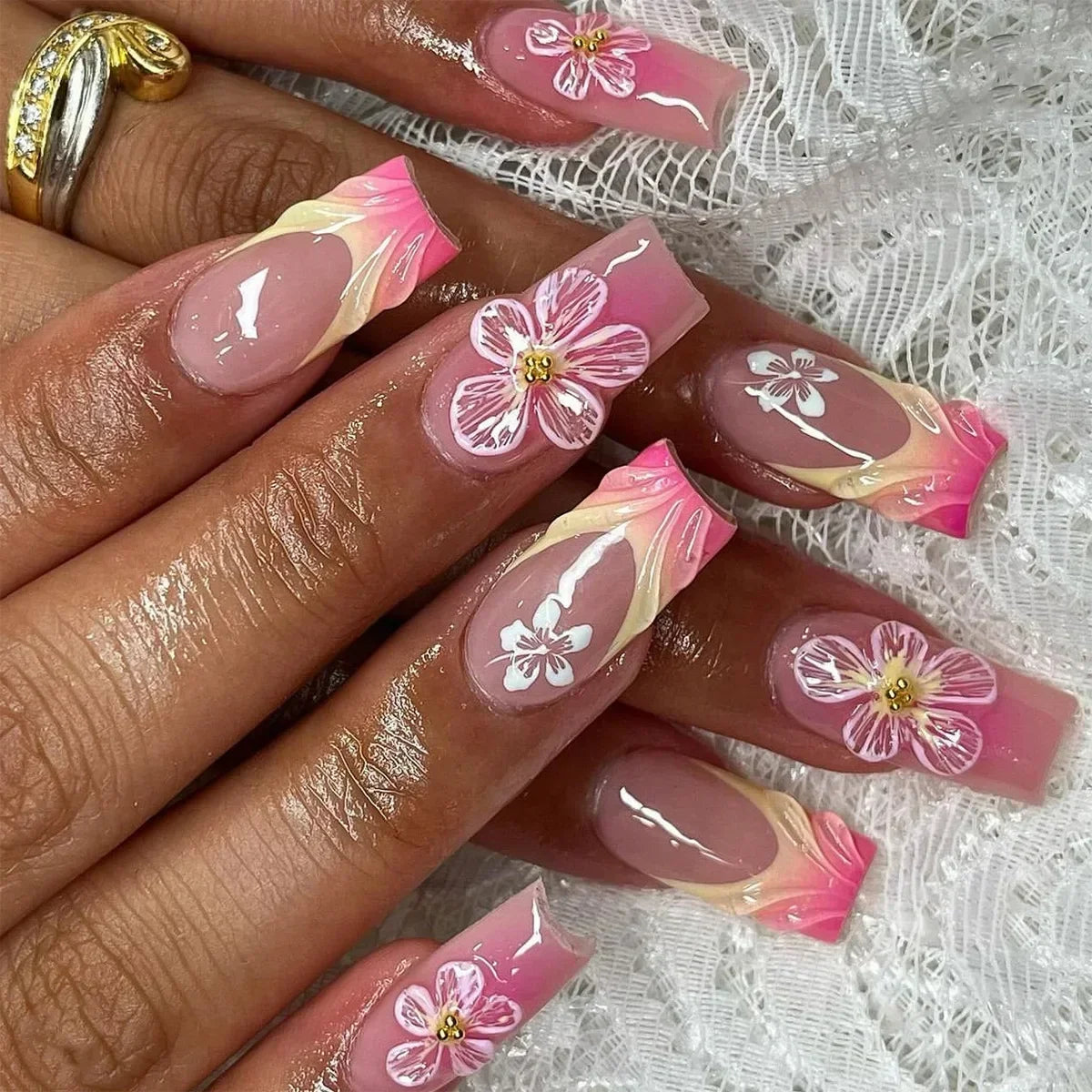 24Pcs Long Ballerina False Nails Press on Nails Serpentine Flower with Rhinestones French Fake Nails Wearable White Nail Tips