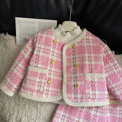 Girls' Suit Winter New Korean Version of Girls' Pink Small Fragrance Long-sleeved Coat + Skirt Two-piece Set  Girl Clothes