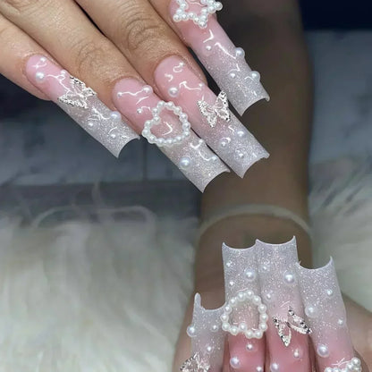 24Pcs Artifical False Nails with Glue Fake Nail Tips with Heart Designs Detachable Press on Nails XLong Finished False Nails tip
