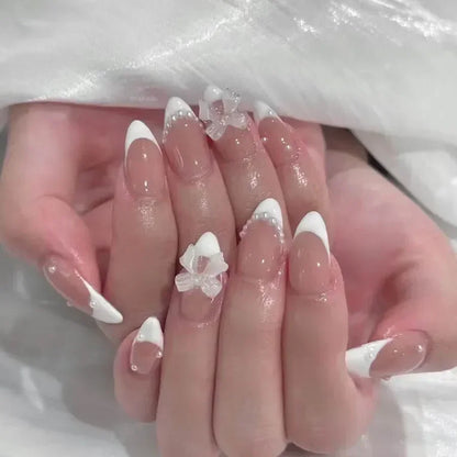 24Pcs Pink Almond French Press on Nails With 3D Bow ripple charms Design Fake Nails Ballerina False Nails Full Cover Nail Tips