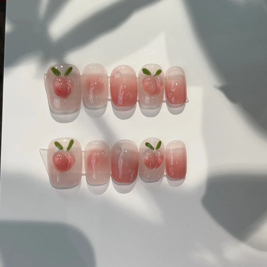 10Pcs Short Round Handmade Press On Nails Full Cover Peach Pink
