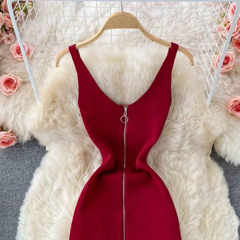 Zipple Sexy Knit Strap Dress Tank Elatic Waist Bodycon Midi Dress