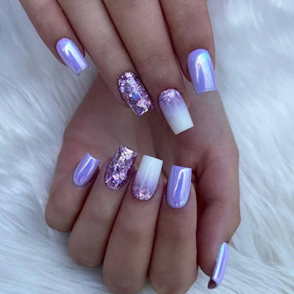 24Pcs Simple Gradient Fake Nail with Silver Sequin Design Short Square Head False Nails Wearable French Full Cover Press on Nail