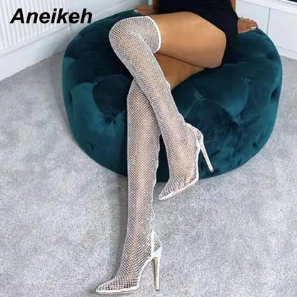 Aneikeh Sexy Bling Rhinestone Mesh Shoes Over The Knee Boots Women Pointed Toe Sandals Nightclub High Heels Botas Femininas