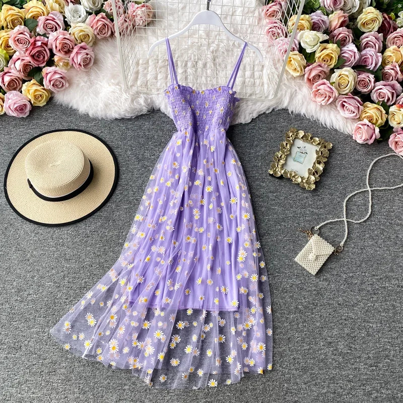 Women daisy Print Dresses Summer Sexy Lace Mesh Dress Spaghetti Strap Ruched Floral
