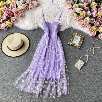 Women daisy Print Dresses Summer Sexy Lace Mesh Dress Spaghetti Strap Ruched Floral
