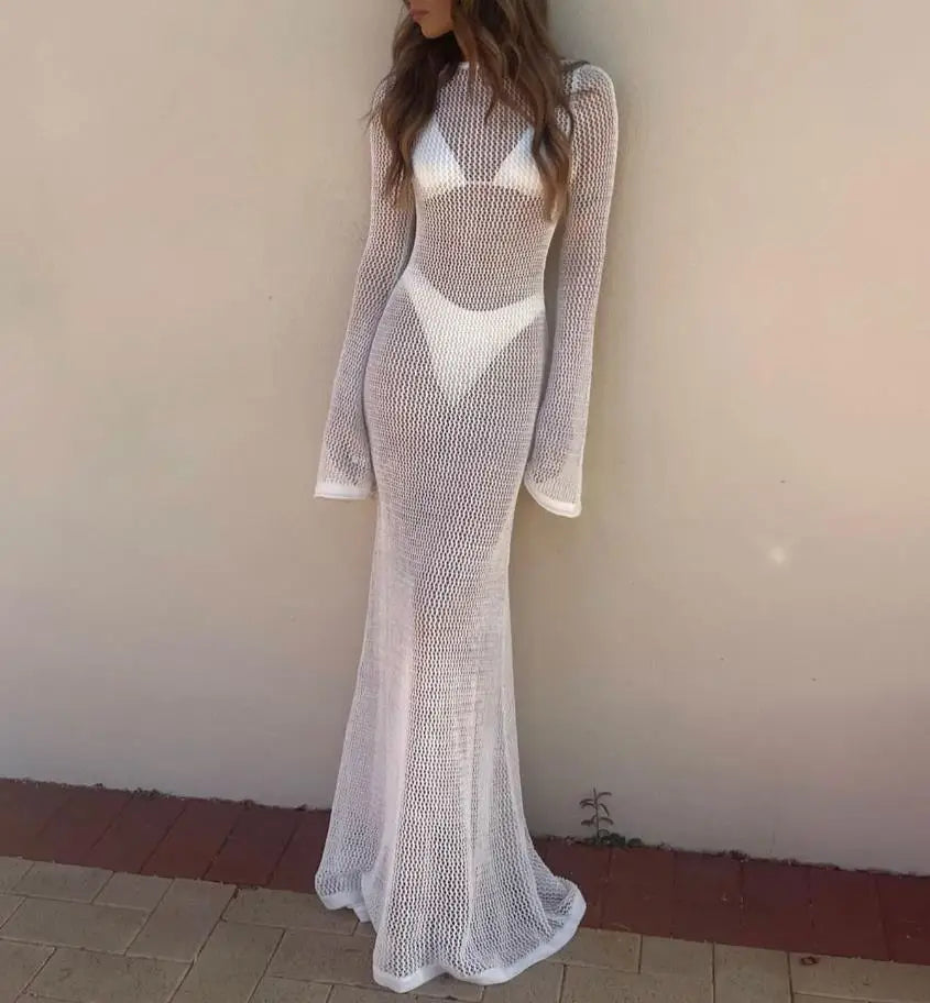Knitted Beach Long Dress For Women Crochet Bikini Cover Up Long Sleeve Beachwear Robe De Plage