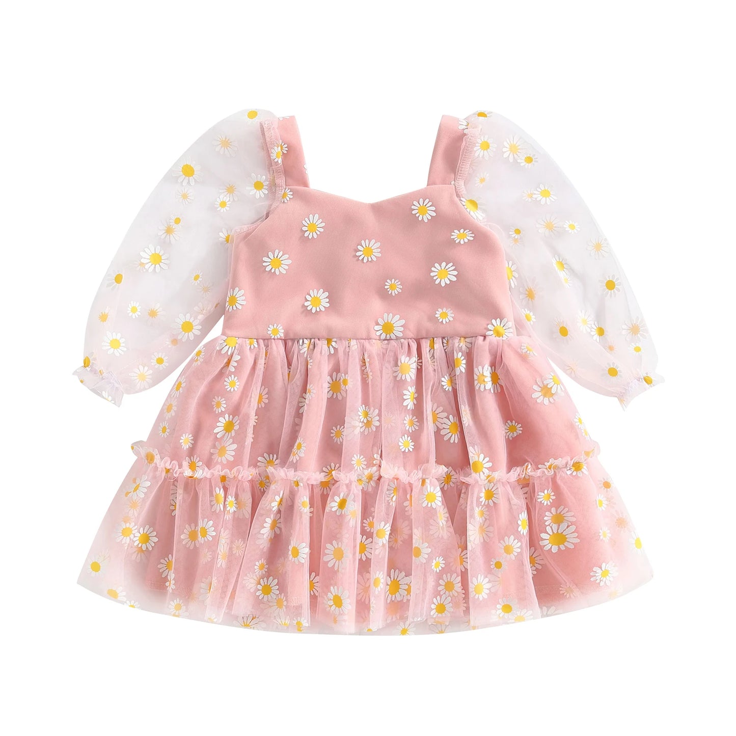 Pudcoco Infant Baby Girl Princess A-Line Dress Elegant Daisy Print Long Sleeves Mesh Tulle Party Dress for Toddler 3M-3T