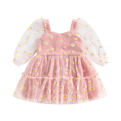 Pudcoco Infant Baby Girl Princess A-Line Dress Elegant Daisy Print Long Sleeves Mesh Tulle Party Dress for Toddler 3M-3T