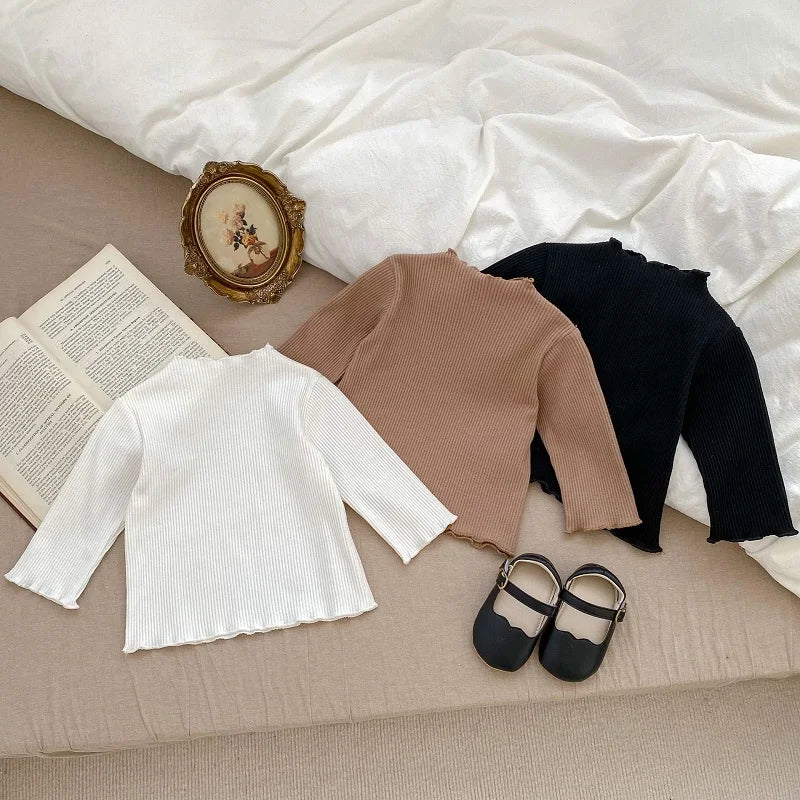 Autumn Baby T-shirt Girl Solid Color Crew Neck Long Sleeve Ribbed