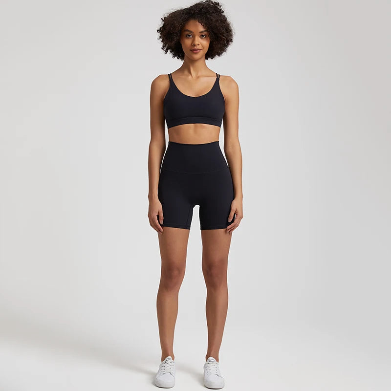 Naked Feel Gym Set Women Clothes High Waist Yoga Shorts and Strappy Sports Bra