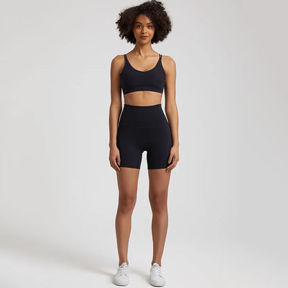 Naked Feel Gym Set Women Clothes High Waist Yoga Shorts and Strappy Sports Bra